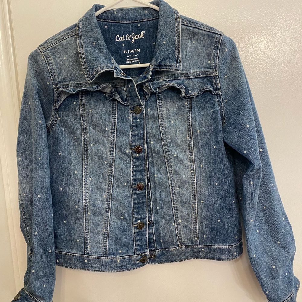 Cat & Jack Girls Denim Jacket 👧 XL 14/16 | Polka Dot + Ruffle Detail 💙